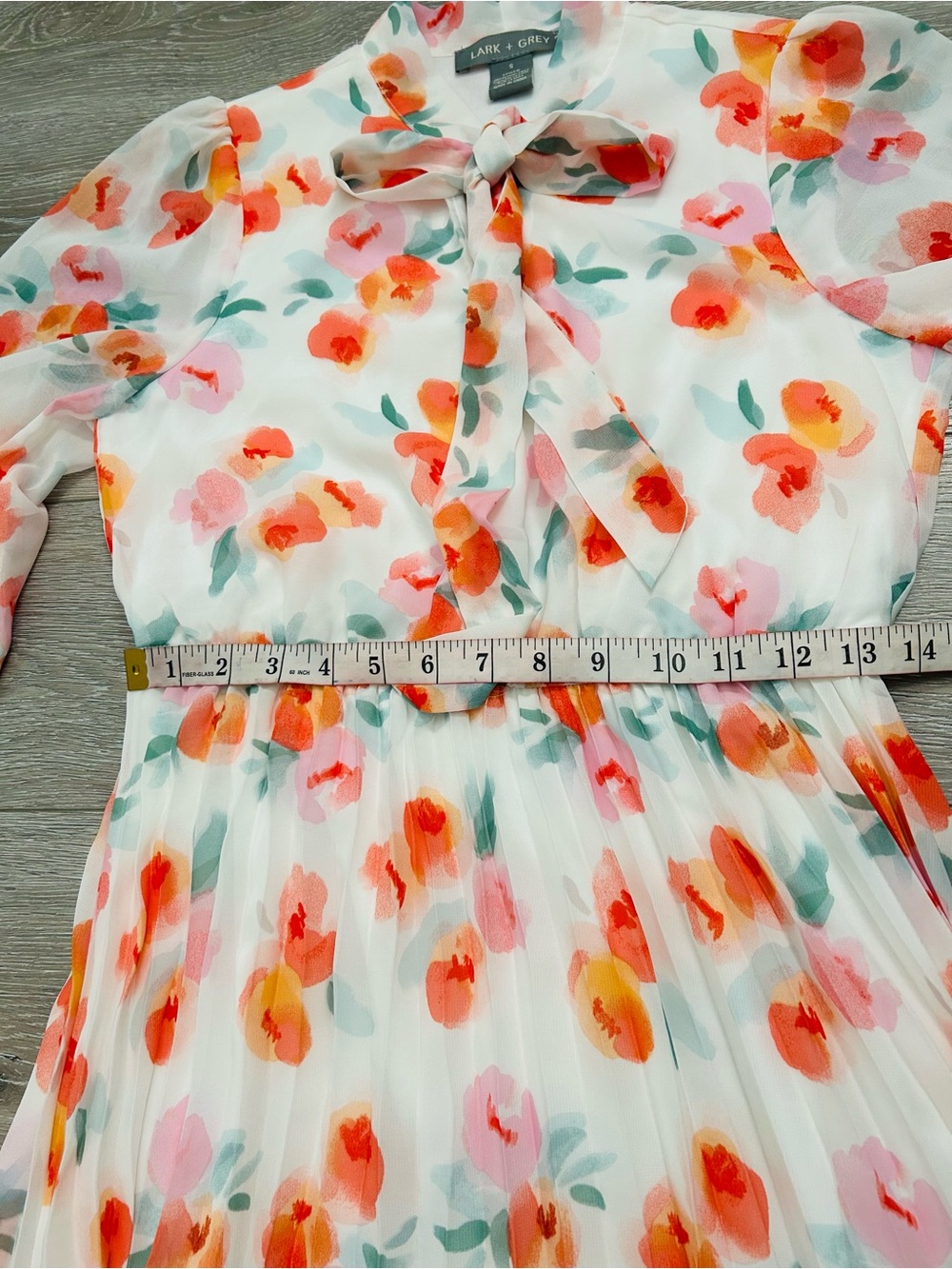 Lark + Grey Tie-Neck Floral Midi Dress in White with Pink & Orange Print - Picture 8 of 9